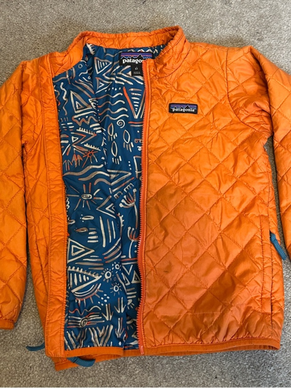 Patagonia Kids Orange Quilted Puffer Jacket with Blue Patterned Lining 5T FLAWED